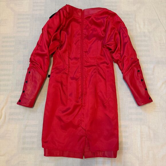 Vintage 80s 90s Red Leather Pencil Dress Mod Wife Rock Grunge Holiday Party XS - Picture 9 of 16